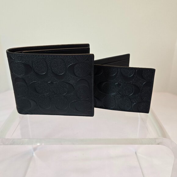 COACH Men's Embossed Signature C's Logo Signature 3 In 1 Leather Wallet - Black - Picture 1 of 11